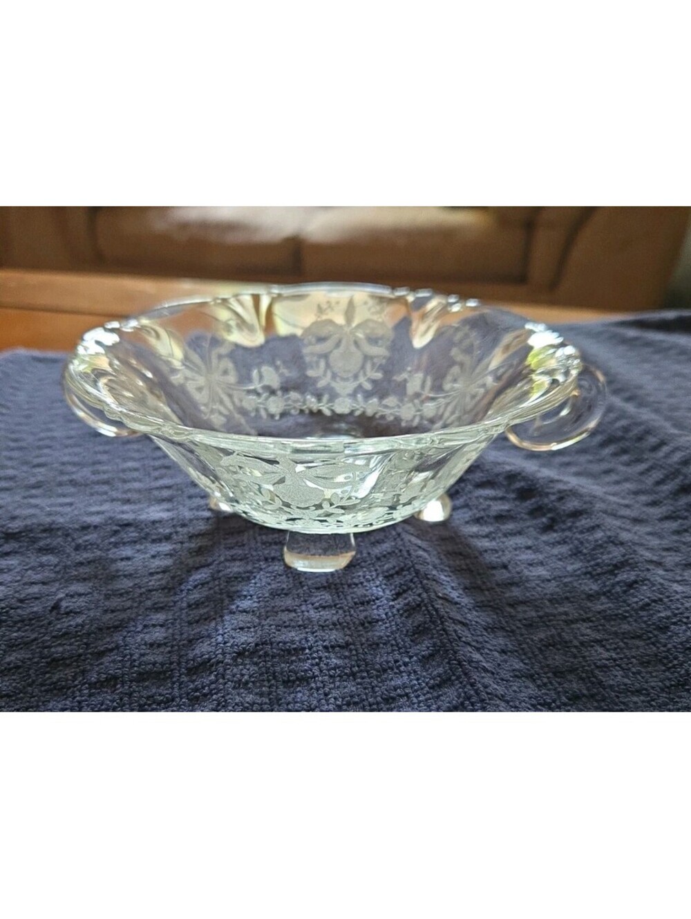 Vtg Etched glass footed bon bon Nut candy dish Orchid pattern A.H. Heisey & Co.